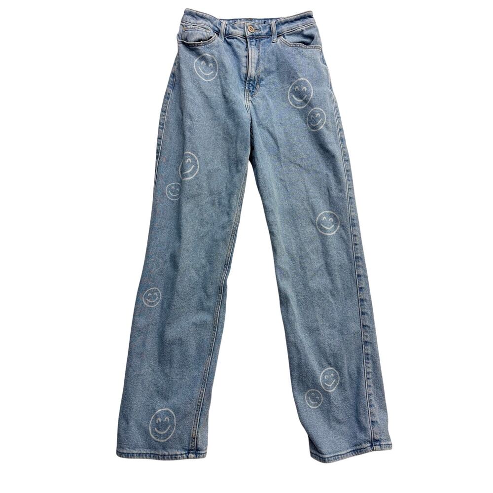 Hollister Women's 4 Ultra High-Rise Dad Jeans Light Wash Smiley Face Graphic P2